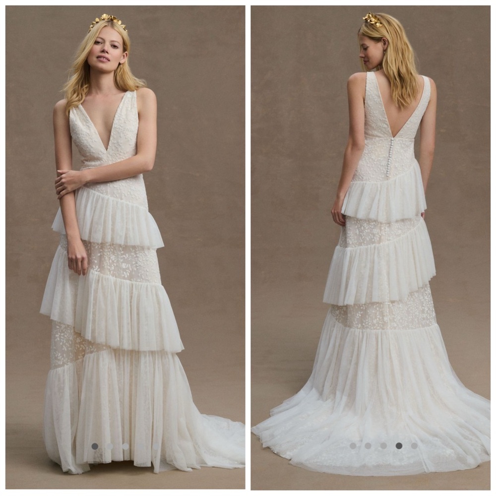 Anthropologie‎ BHLDN Otto V Neck Tiered Tulle Wedding Gown Ivory White Sz 10